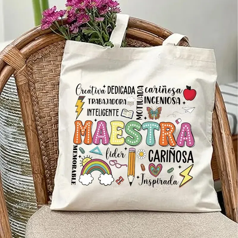 Sac fourre-tout en toile « Maestra » espagnole, cadeau de remerciement pour enseignante, sac de courses graphique « Educadora », sac à bandoulière pour enseignante