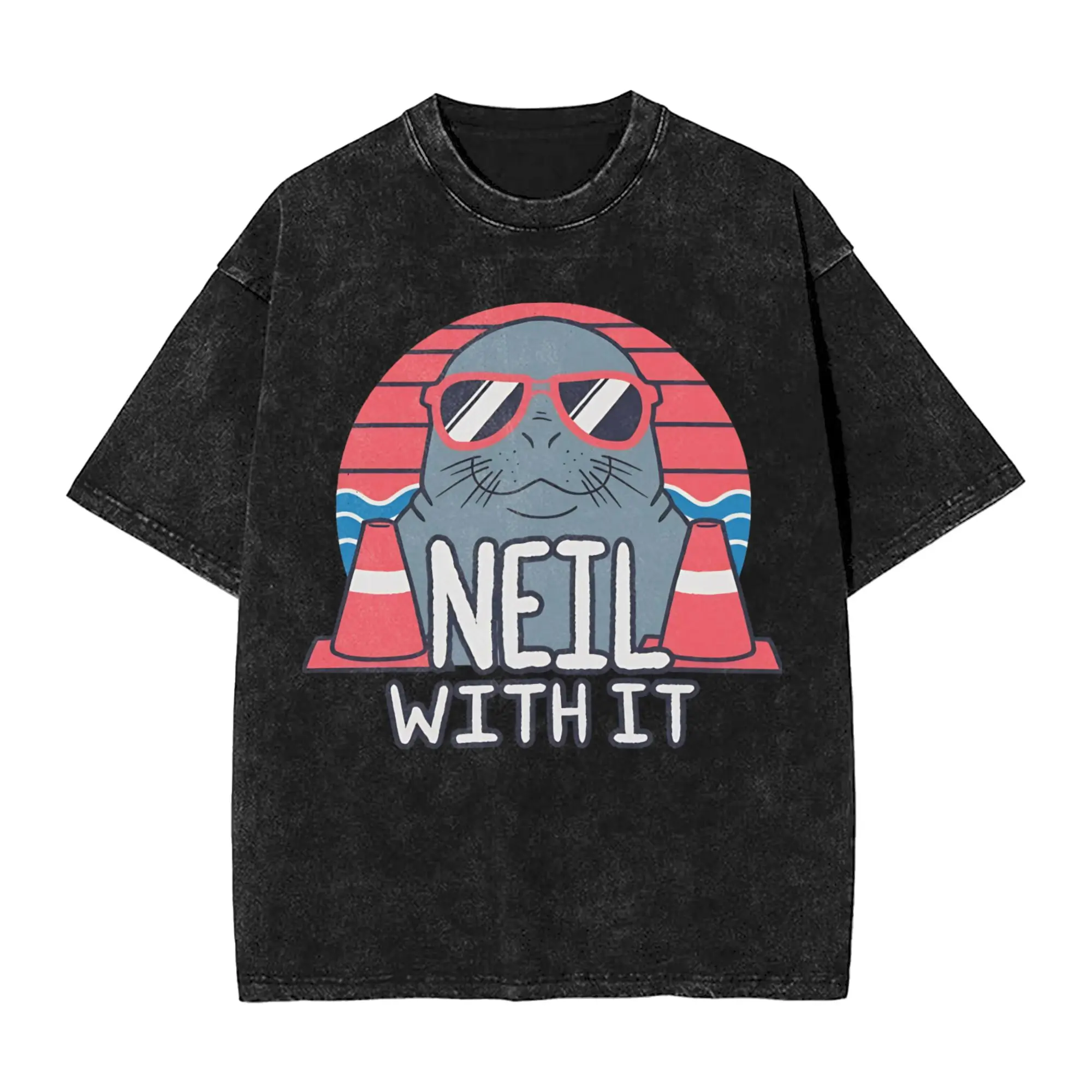Neil the Seal Deal With It T Shirt Hip Hop Washed Cotton T-Shirt Animal for Men Women Tops Streetwear Graphic Printed Tees