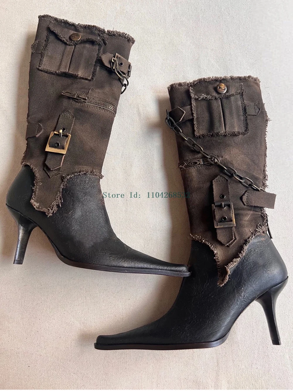 

Chain Patchwork Versatile Boots Buckle Strap Pionted Toe Zipper Stiletto High Heel 2025 New Arrivals Winter Spring Autumm