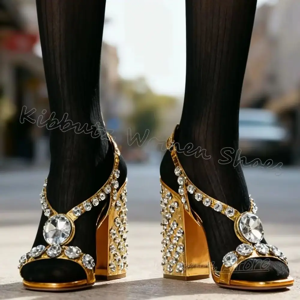 

Crystal Slippers Glossy Rhinestone Ankle Strap Solid Color Luxury Elegant Sexy Fashion Women Shoes New Square Toe Chucky Heels