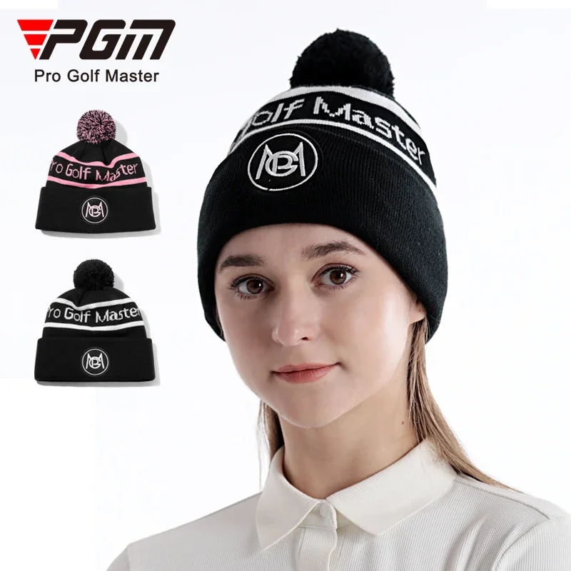 Pgm New Winter Knitting Golf Hat for Women Fur Pompom Plush Cap Ladies Warm Ski Snow Golf Hat Letter Printed Fashion Headcover