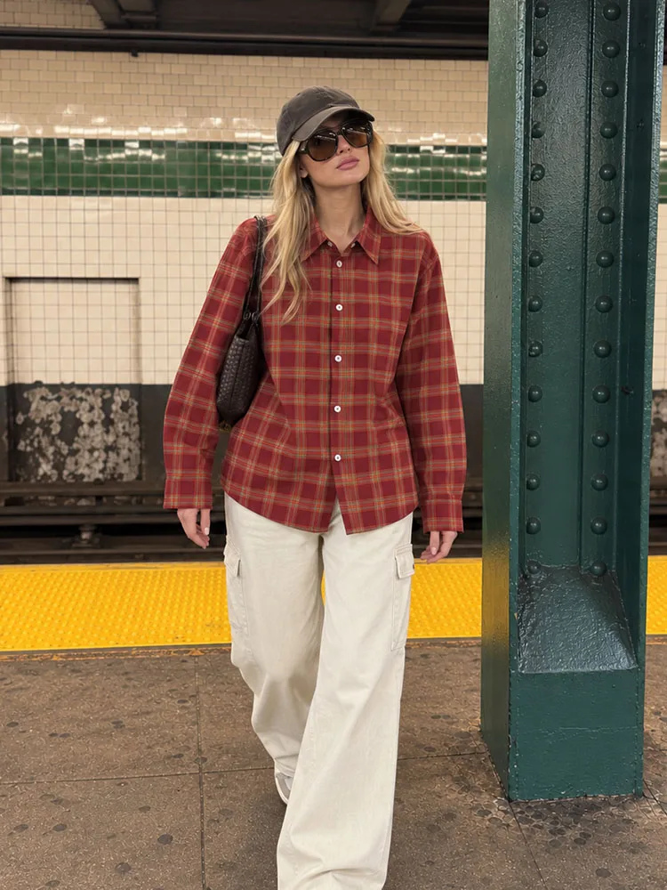HH Women Red Tartan Plaid Shirt Jacket Fall Winter Long Sleeve Oversized Shacket Button Down Loose Fit Casual Women Streetwear