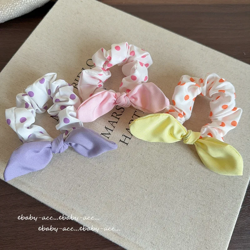 Hair Scrunchies Kids Girls Colorful Polka Dot Bunny Ears Bow Soft Fabric Elastic Ponytail Bun Spring Summer School Lightweight
