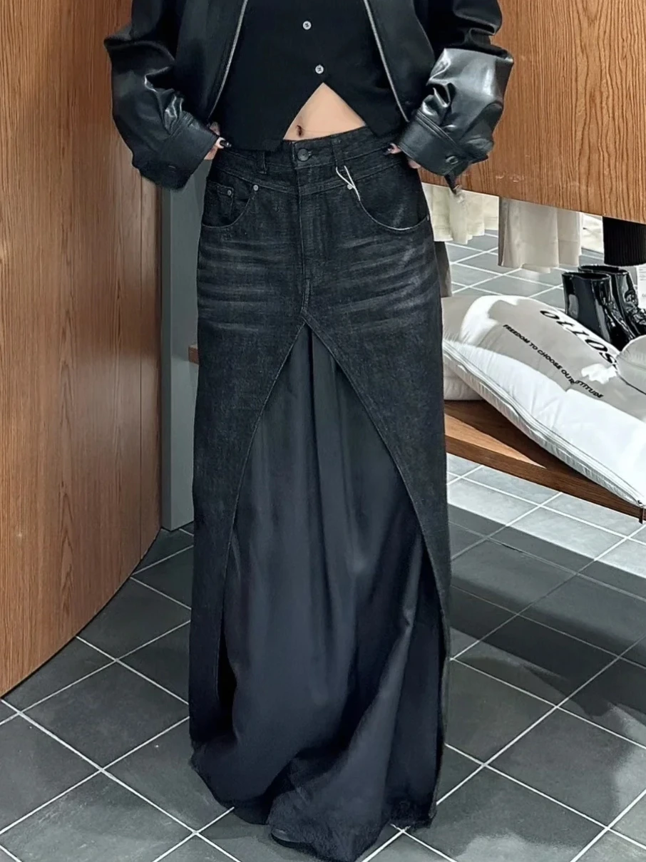 가을 겨울 여성 고블린 코어 다크 아카데미 Y2k 데님 맥시 스커트 패치 워크 하라주쿠 일본 그런지 2000년대 사이버 펑크 E-girl