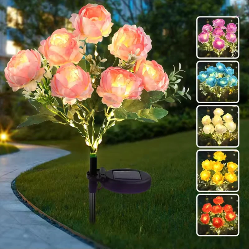 Solar Powered 7-Head Peony LED Flower Light Durable Stainless Steel Silk Cloth Construction Sensor Ideal for Outdoor Garden