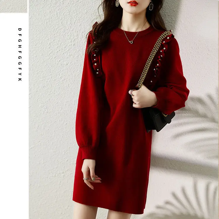 New Autumn and Winter Outfit with Coat Woolen Dress Women\'s Round Neck Loose Fit Long Sleeves and Knitted Dress Inside