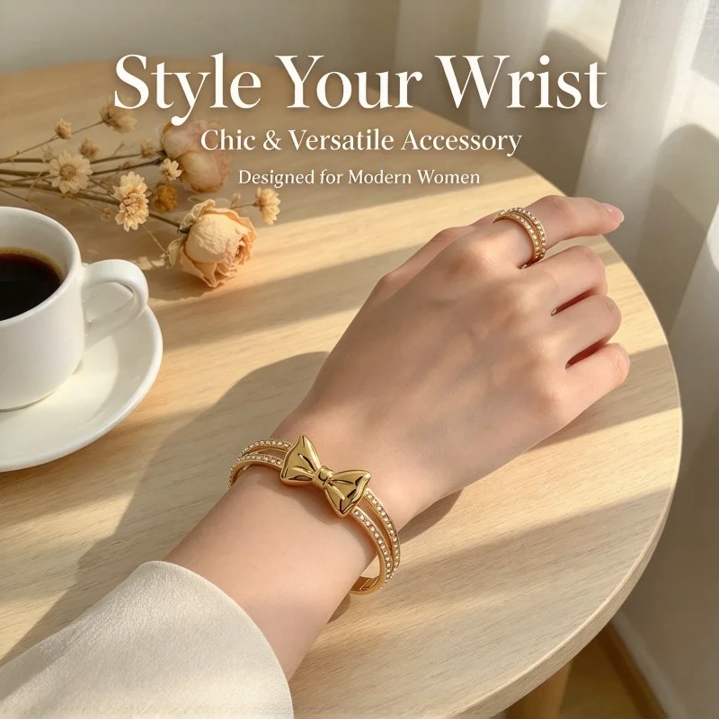 Gold Color Snap-on Bow Zircon Bangle Bracelet Stainless Steel Trendy Durable Women Fashion Jewelry Gift for Her Party Daily