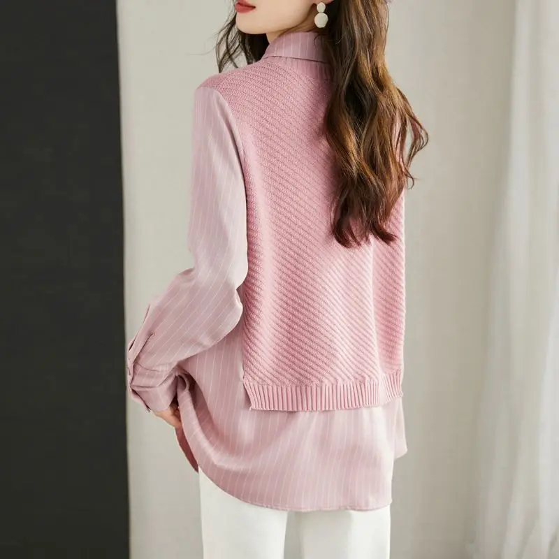 New Fashionable Loose Splicing Shirt for Women 2024 Spring Edition, Elegant and Gentle Style, Pink Fake Two Piece Knitted Shirt