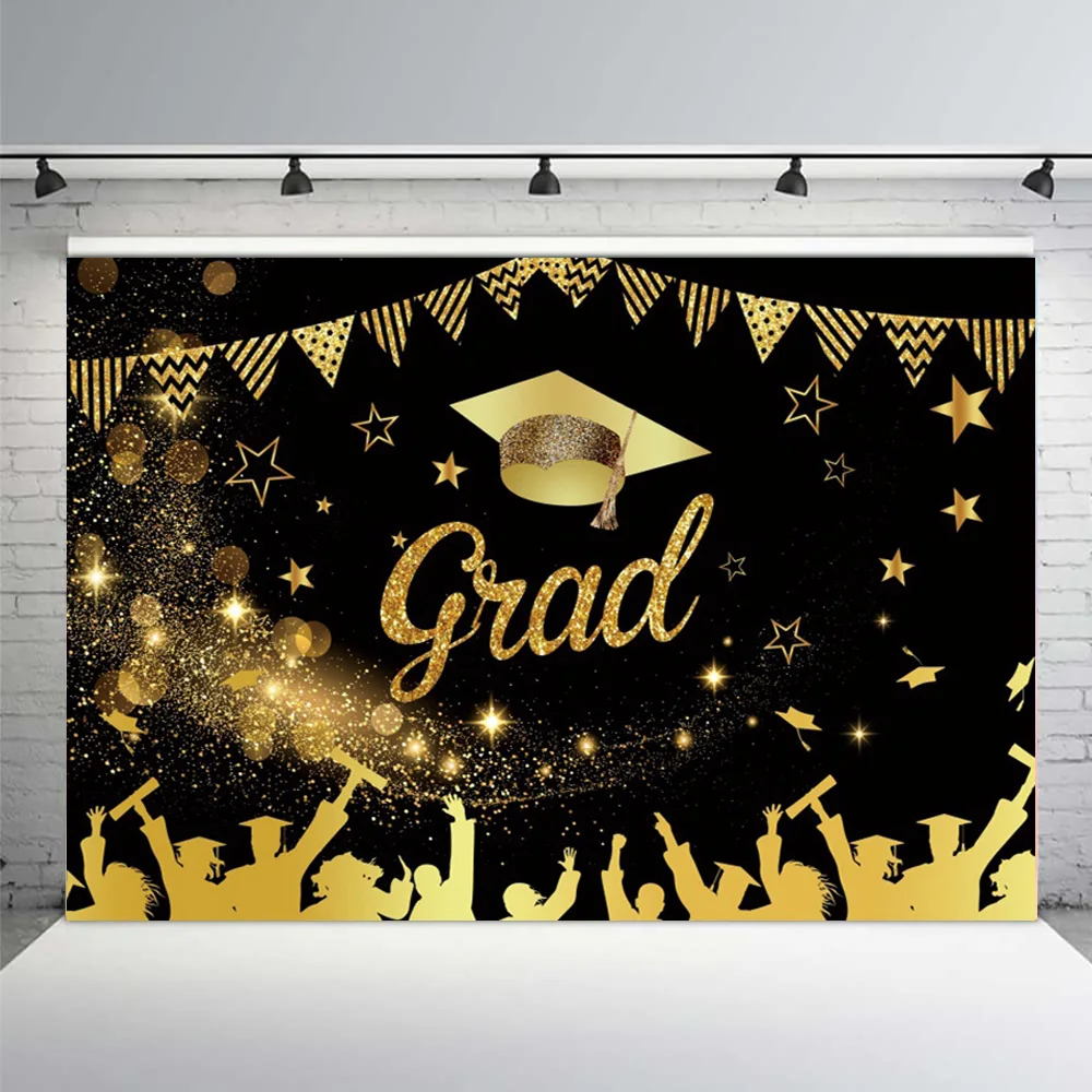 2024 Happy Graduation Backdrop Glitter Balloon Bachelor Cap  Grad Class of Graduates Party Photography Background Decor