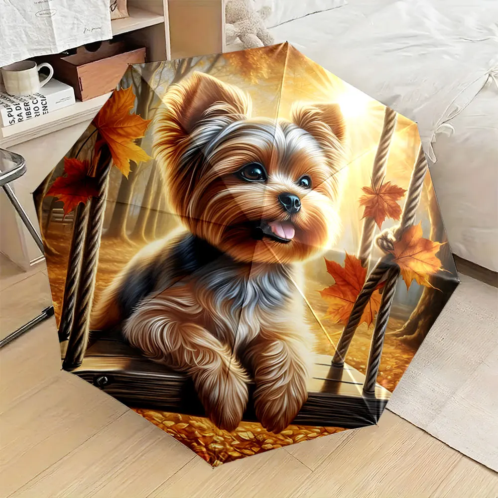 1PC A charming umbrella with a cute dog and autumn leaves design Print 8 Iron Ribs Folding Umbrella Auto-Open Fashion Sunshade