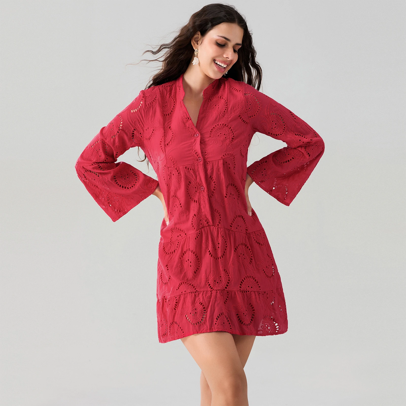 Robe Chemise en Dentelle Brodée pour Femme, Couleur Unie, Manches sulf, lèvent sur le Devant, Col en V, Ligne A, Automne