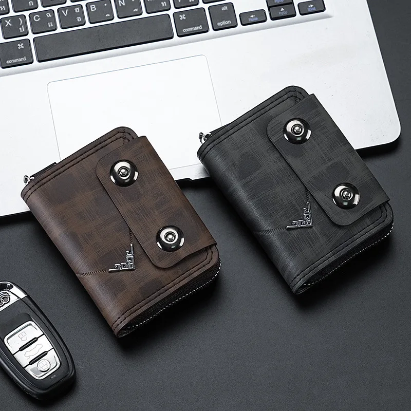 محفظة من جلد البولي يوريثان، محفظة قصيرة آمنة للعملات المعدنية، محفظة بإبزيم مزدوج، حامل بطاقات رجالي متعدد الوظائف للاستخدام غير الرسمي، إكسسوارات للرجال