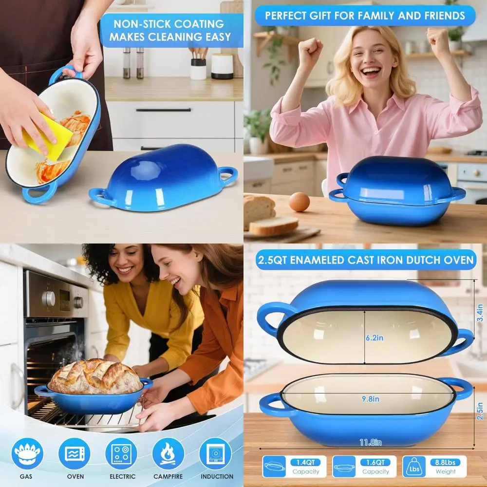 

Чавунная голландская духовка с синей эмалью на 2,5 литра для хлеба на закваске, безопасная в духовке с крышкой, антипригарная внутренняя часть