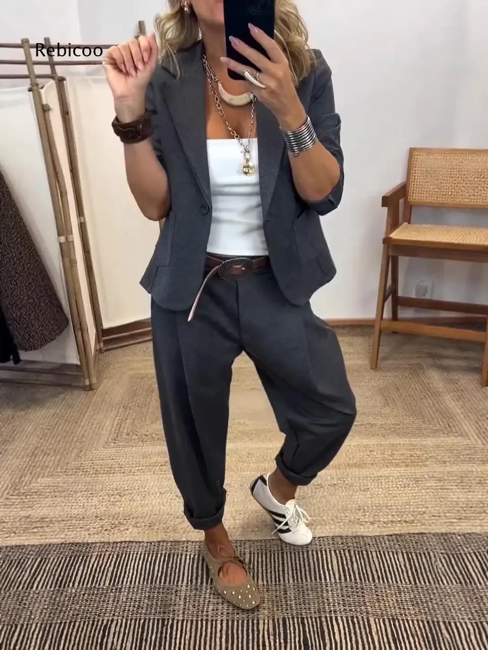 Lapel Blazer And Pleated Cropped Pants Co Ord Set For Women Open Front Jacket Roll Cuff Trousers For Street And Office Looks