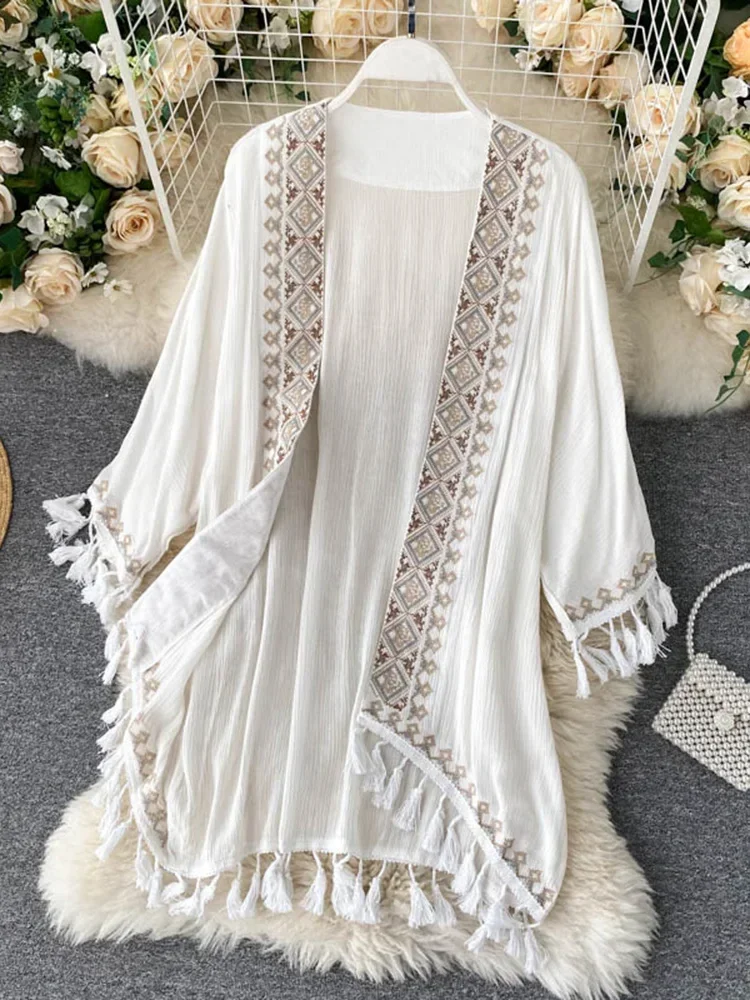 New Bohemian Retro Ethnic Print Sunscreen Shirt Tops Thin Sunscreen  Cardigan Tassel Stitching Tops Women GD695