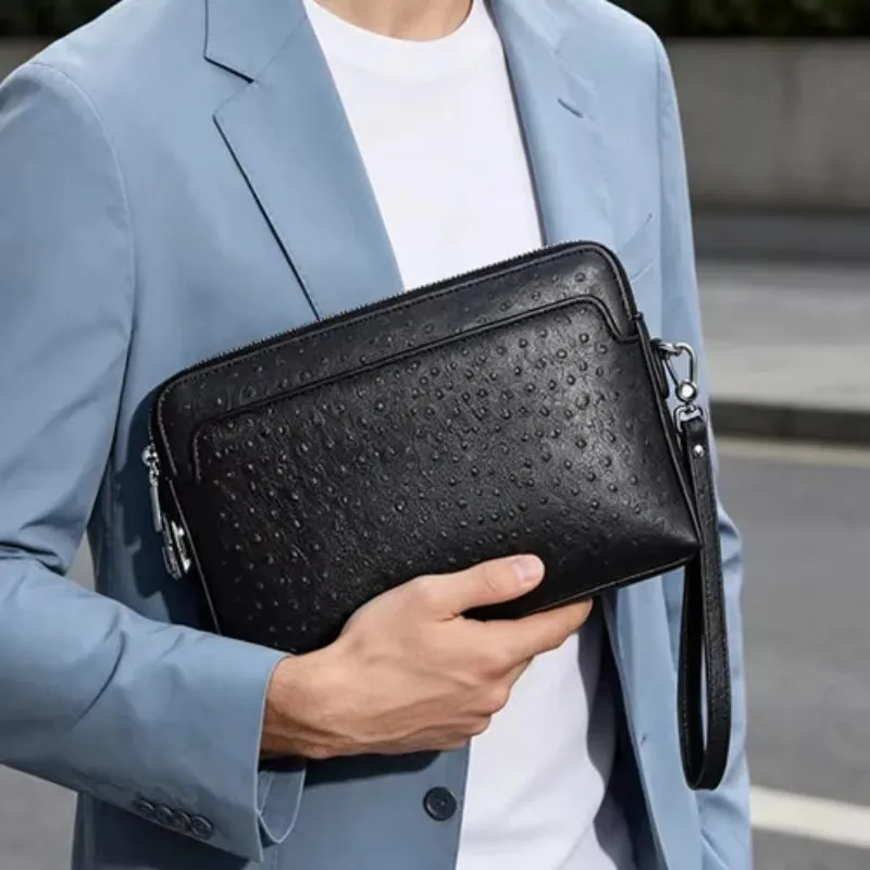 New ostrich leather pattern men's clutch with password lock, business horizontal clip bag, grab bag, men's handbag, wallet.