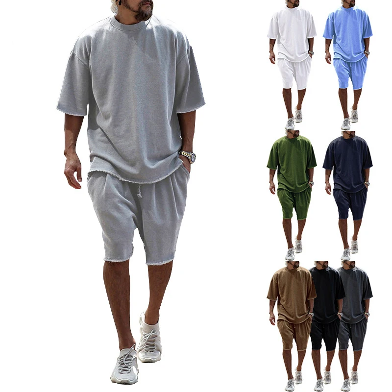 Summer Men\'s Solid Color Loose Fitting Tracksuits Casual Short Sleeved T-shirt + Shorts Pants Two Piece Sets Women Fashion Suit