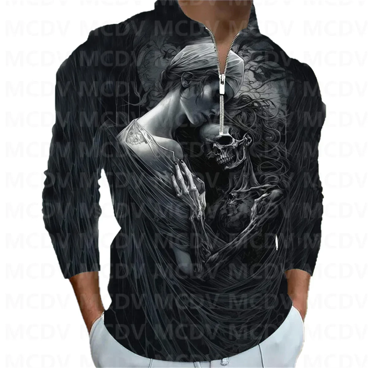 Men's Long Sleeve Zipper Polo Shirt Halloween Skull 3D Printed Polo Long Sleeve T Shirt Casual Tops