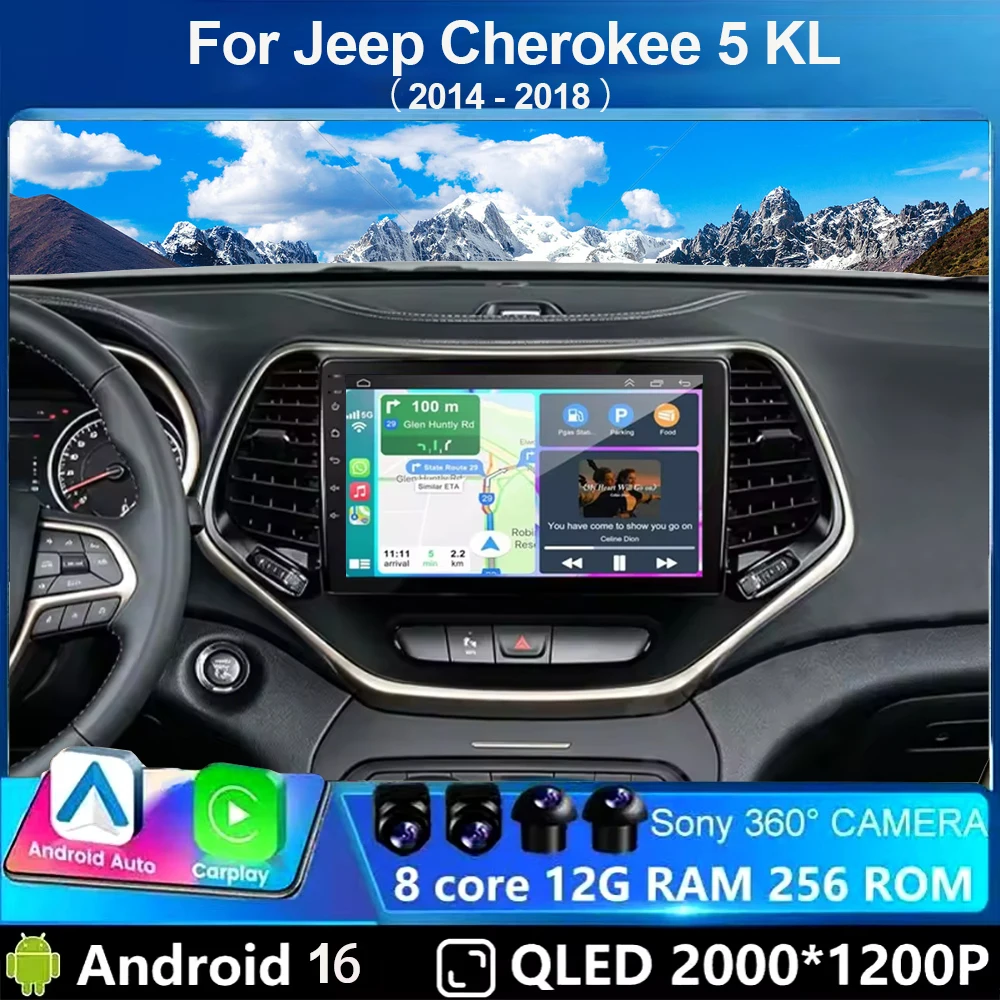 Car Radio Android 16 For Jeep Cherokee 5 KL 2014 - 2018 GPS Carplay Multimedia Player Navigation Stereo Auto QLED 2din Head Unit