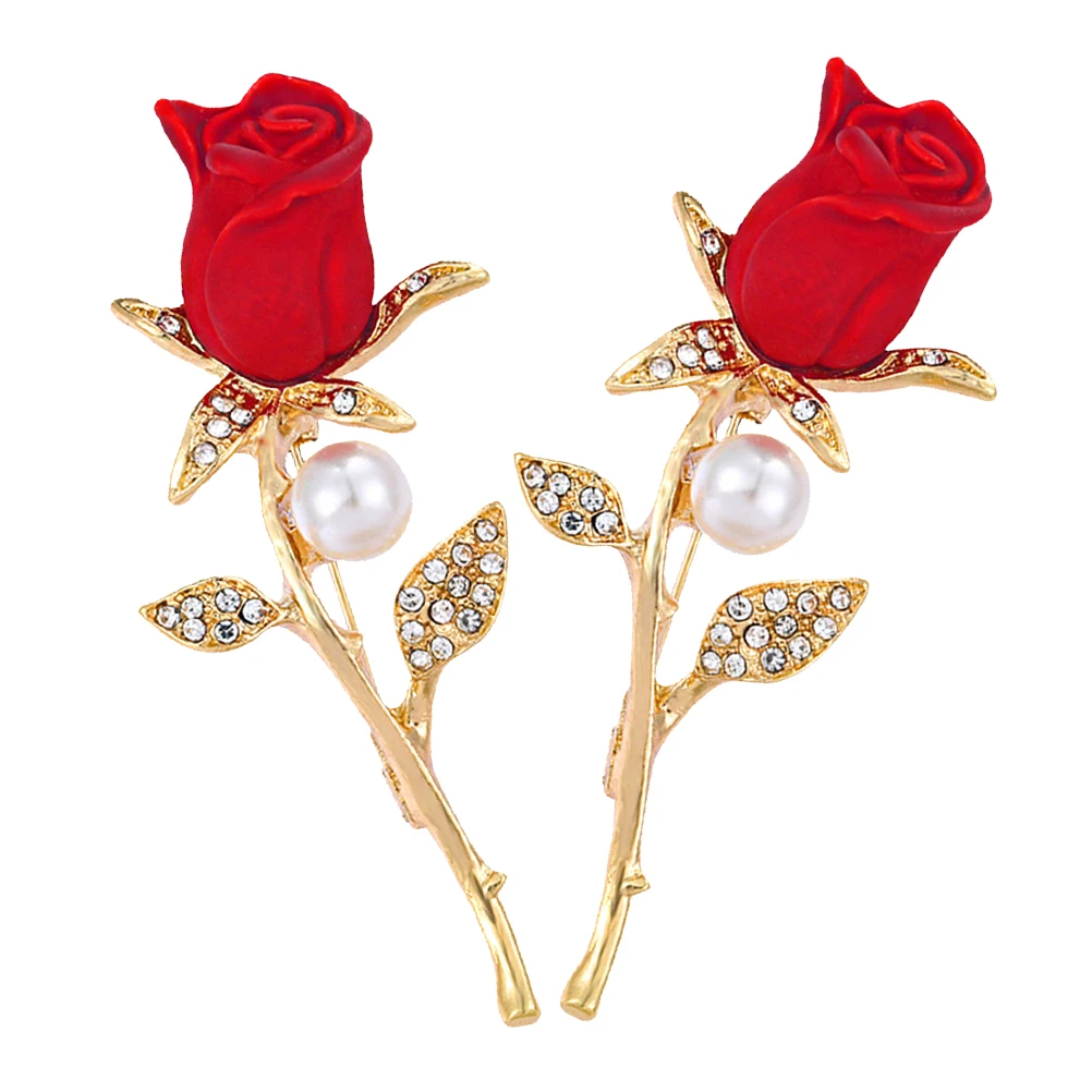 2Pcs Red Rose Brooch Romantic Series Rhinestone Floral Accessory Wedding Anniversary Elegant Pin