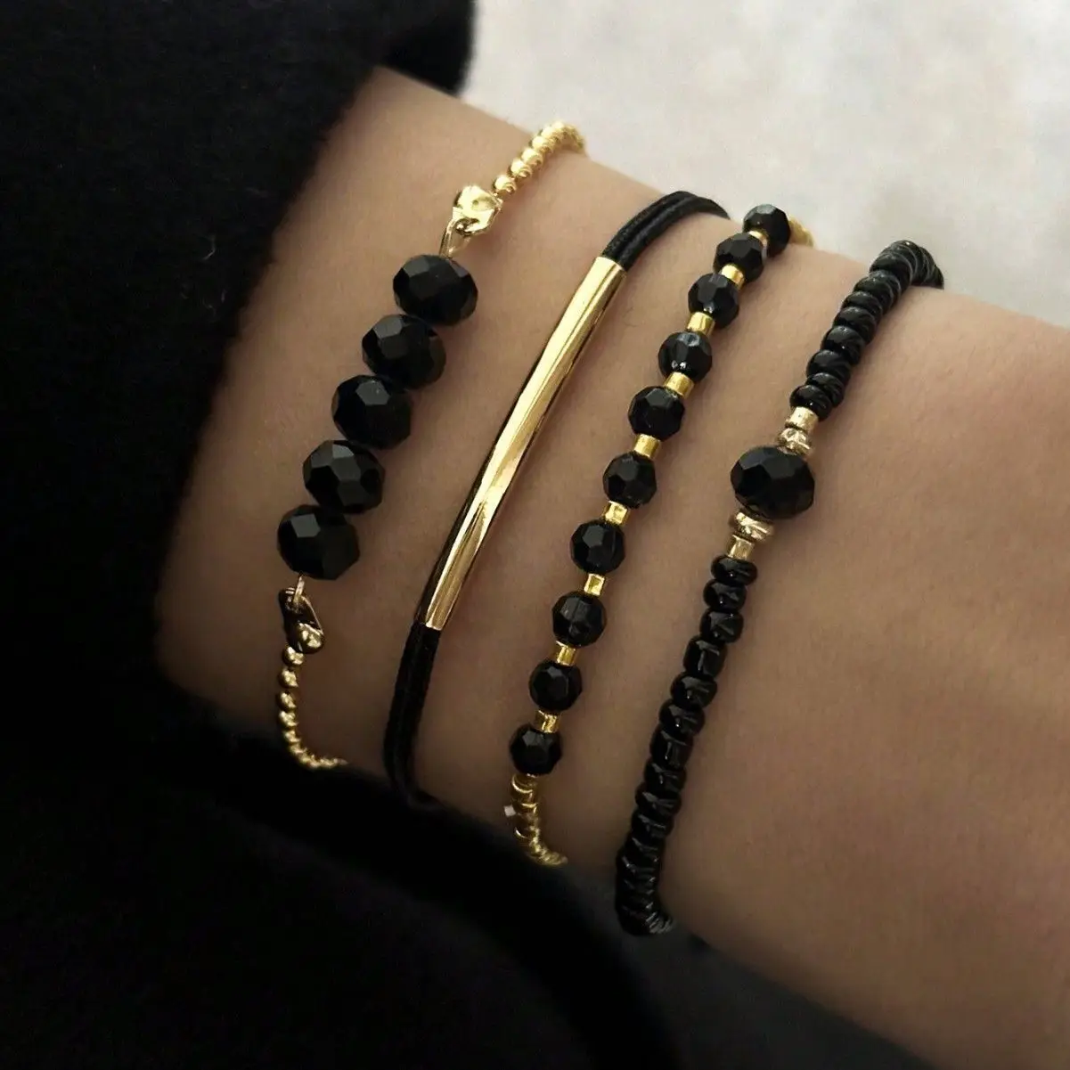 4Pcs Fashion Black Glass Stone Bracelets Set For Women Boho Handmade Beads Chain Bangle Female Boho Jewelry Accessories