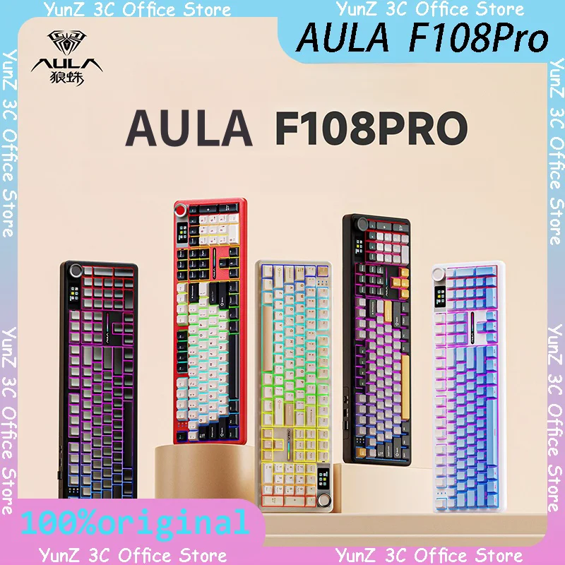 AULA F108Pro mechanical keyboard customized wireless Bluetooth three mode with display 108 key office game keyboard