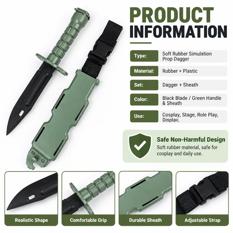 Safe Simulation Prop Dagger Soft Rubber Model, Non-harmful Accessory for Costume Party & Training Show