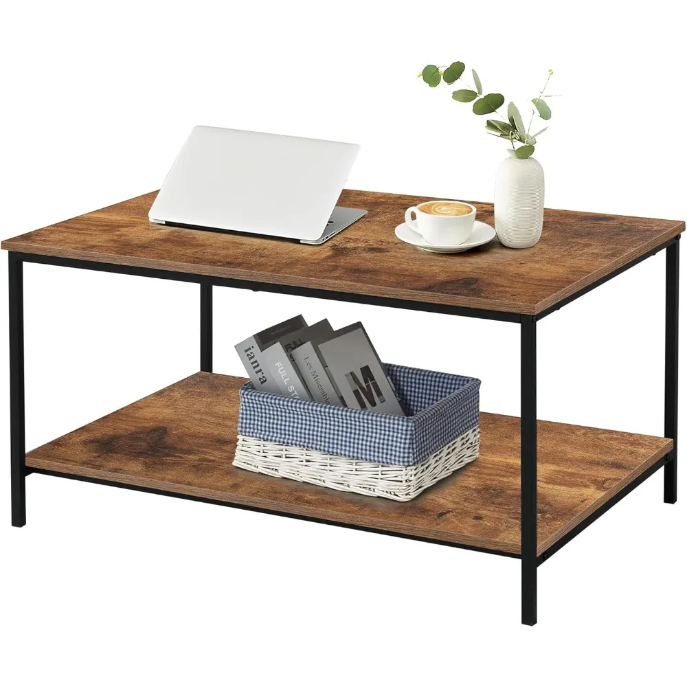 

Rectangle Wood and Metal Coffee Table with Storage Shelf for Small Living Rooms