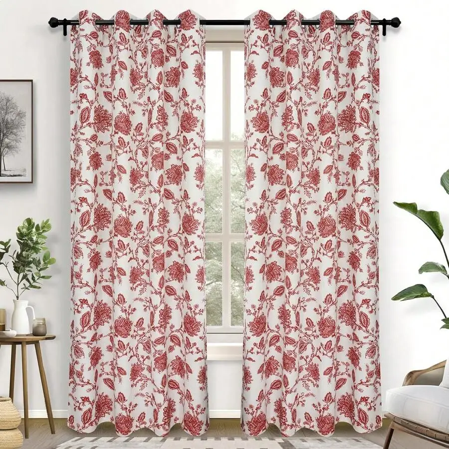 Floral Red Blackout Curtains 84 Inch Length 2 Panels Lined Grommet Window Drapes Farmhouse Country