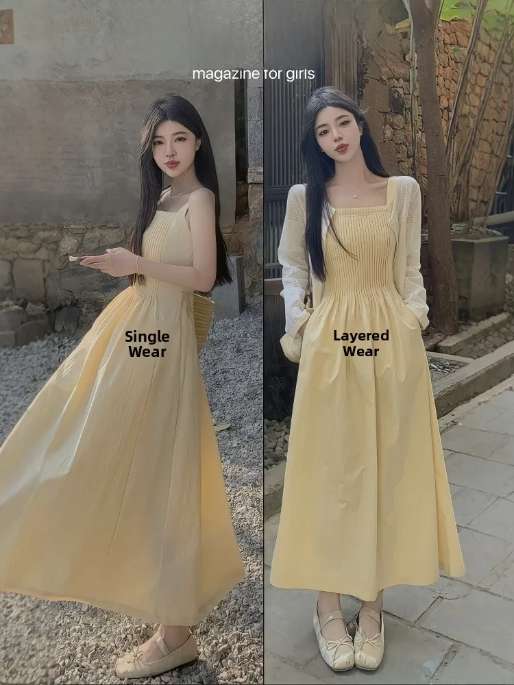 

Yellow Hollow out Cardigan And Dr Set plus Size Women's Faionable Gentle Sle Spring Collection by Senmi Brand