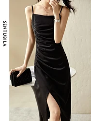 SENTUBILA Elegant Sexy Split Bodycon Dresses Women 2024 Solid Square Collar Strappy Midi Slip Dress Ladies Party Club Sundress