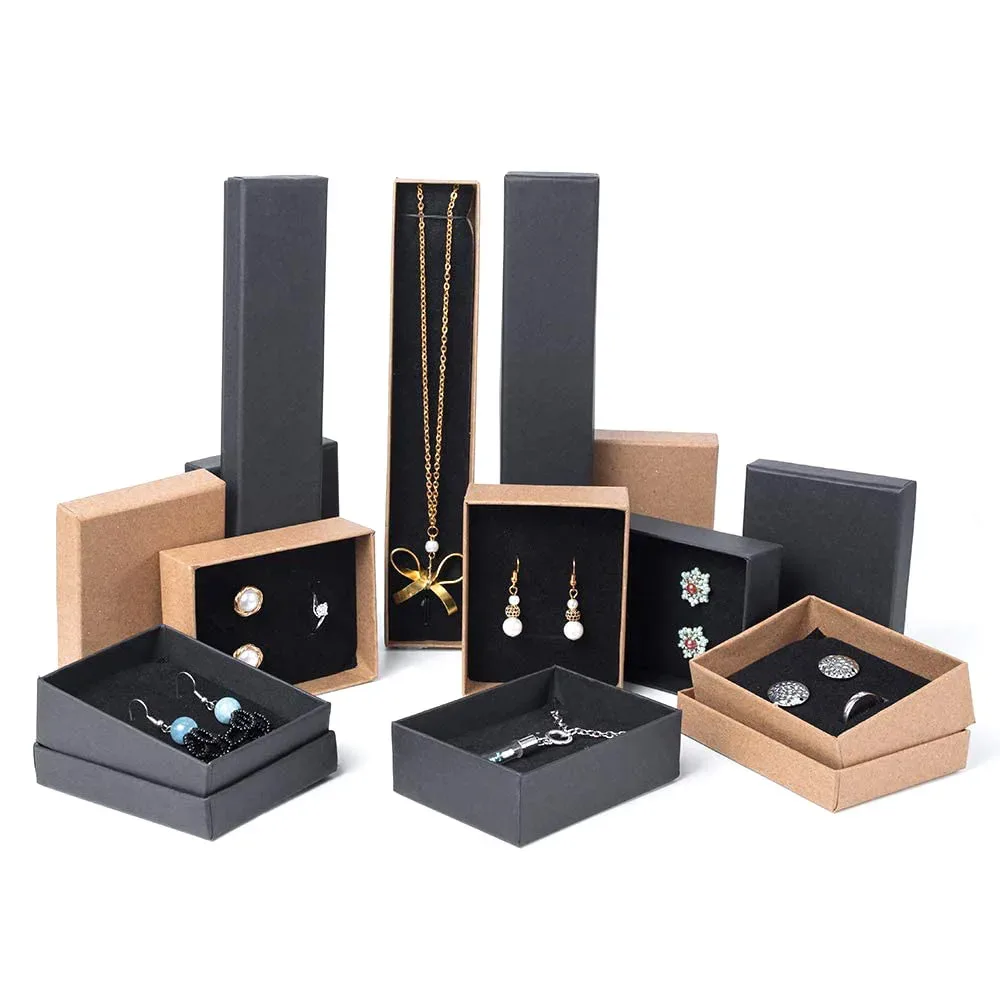 

Cardboard Paper Jewelry Set Box for Ring Necklace Bracelet Rectangle Tan Black White Kraft with Sponge Filled 12/15/18/24pcs