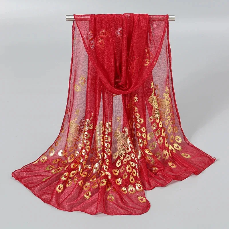 

Women Glitter Thin Muffler Solid Color Elegant Hijab Scarf Chiffon Long Scarves Gold Peacock Print Wrap Shawl Georgette Scarf