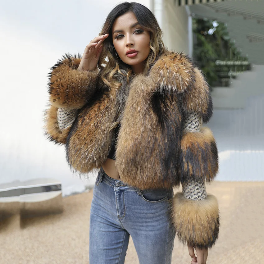 JANEFUR Women's Fur Coat Natural Raccoon Fur Woolen Jackets Fashion Luxury Warm Custom Wholesale Tweed Coats JFB2-22001