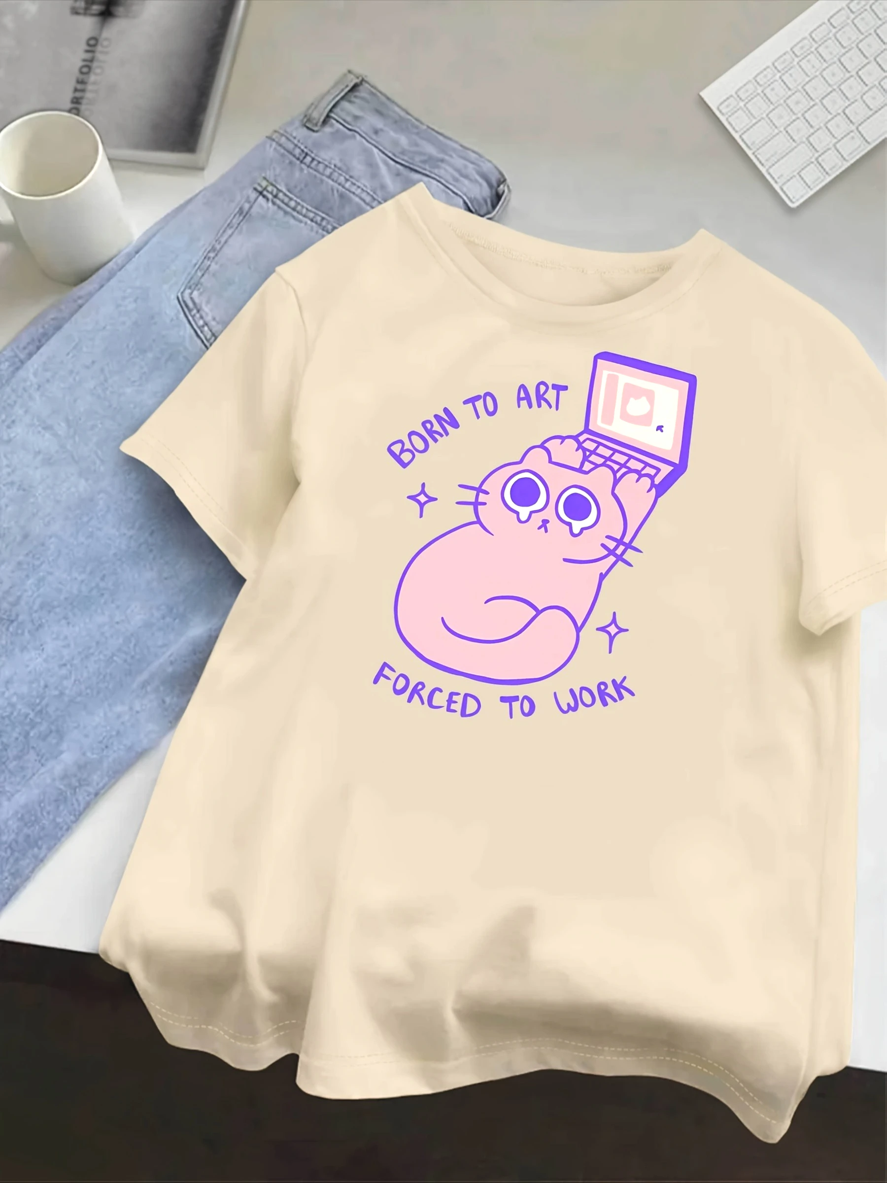 

Модная футболка с принтом мультфильма «Плачающий кот», повседневная футболка с круглым вырезом и короткими рукавами, летняя уличная одежда в стиле Харадзюку, топы, модные футболки