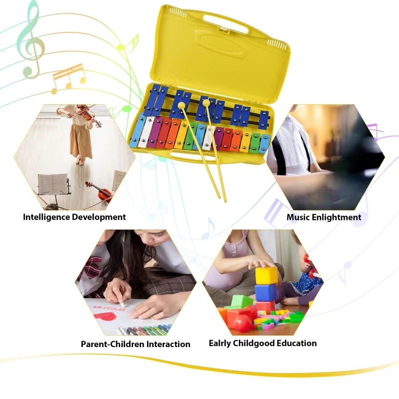 25 Notes Glockenspiel Xylophone Colorful Metal Keys Percussion Musical Instrument with 2 Mallets Handheld Case Gift for Beginner