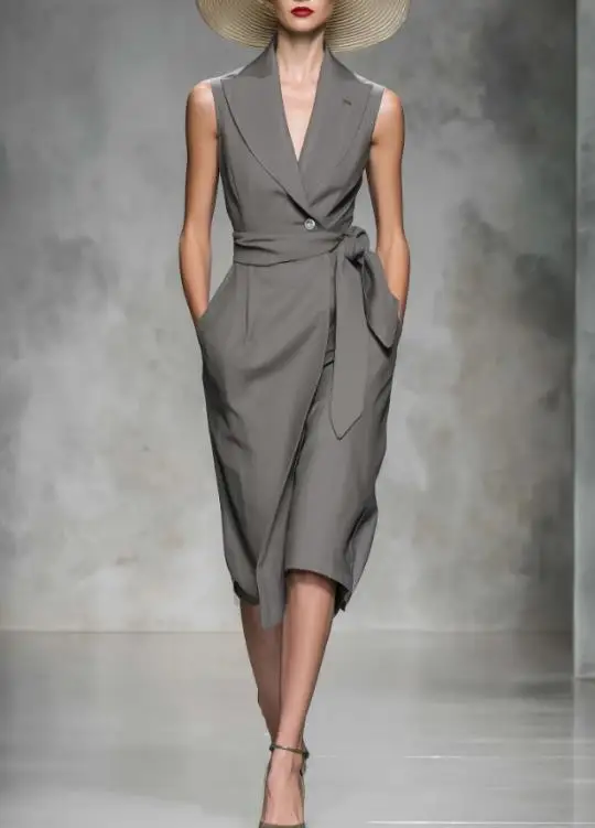 

Women's Dress Summer New French Elegant Fashion Simple Slim Fit Lapel Button Tie Waist Design A-Line Sleeveless Suit Dress