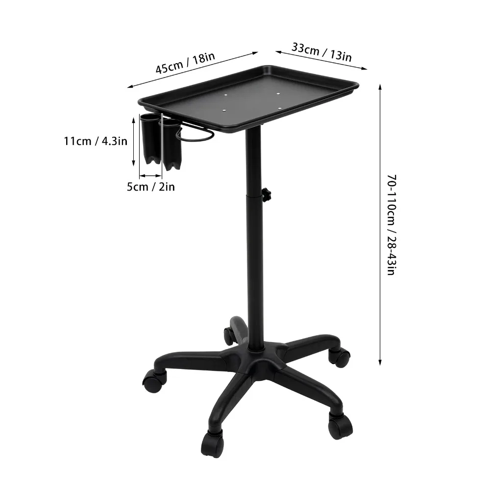 Salon Trolley, Beauty Cart Black with Salon Tray, 17.72×12.3in Large Tray, Detachable Hair Dryer Rack, Adjustable Height and Smooth Rolling Wheels