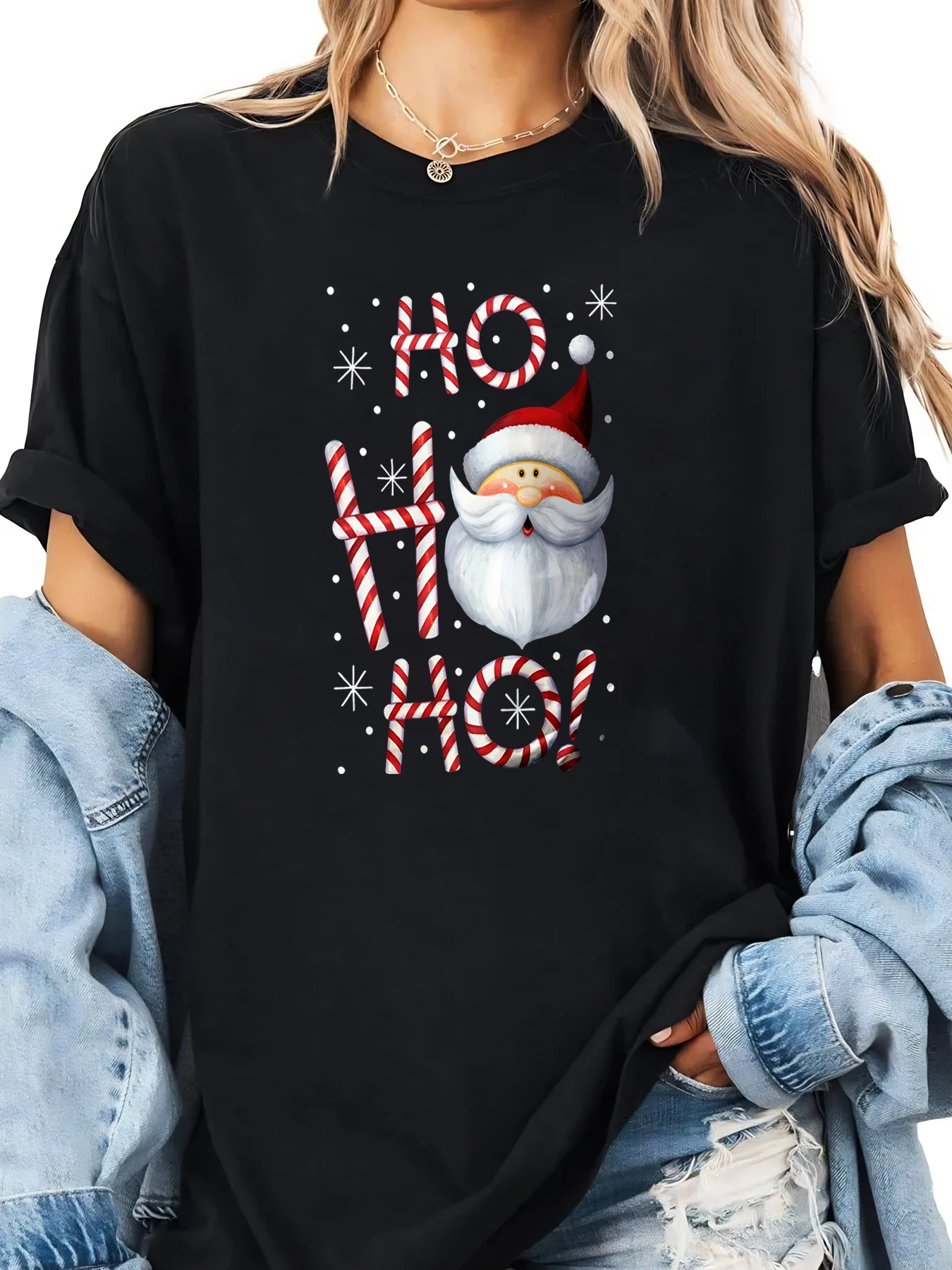 Santa Ho Ho Ho Candy Cane Print Weihnachts-T-Shirt für Damen, lässig, Urlaubskleidung, Schwarz, Übergröße
