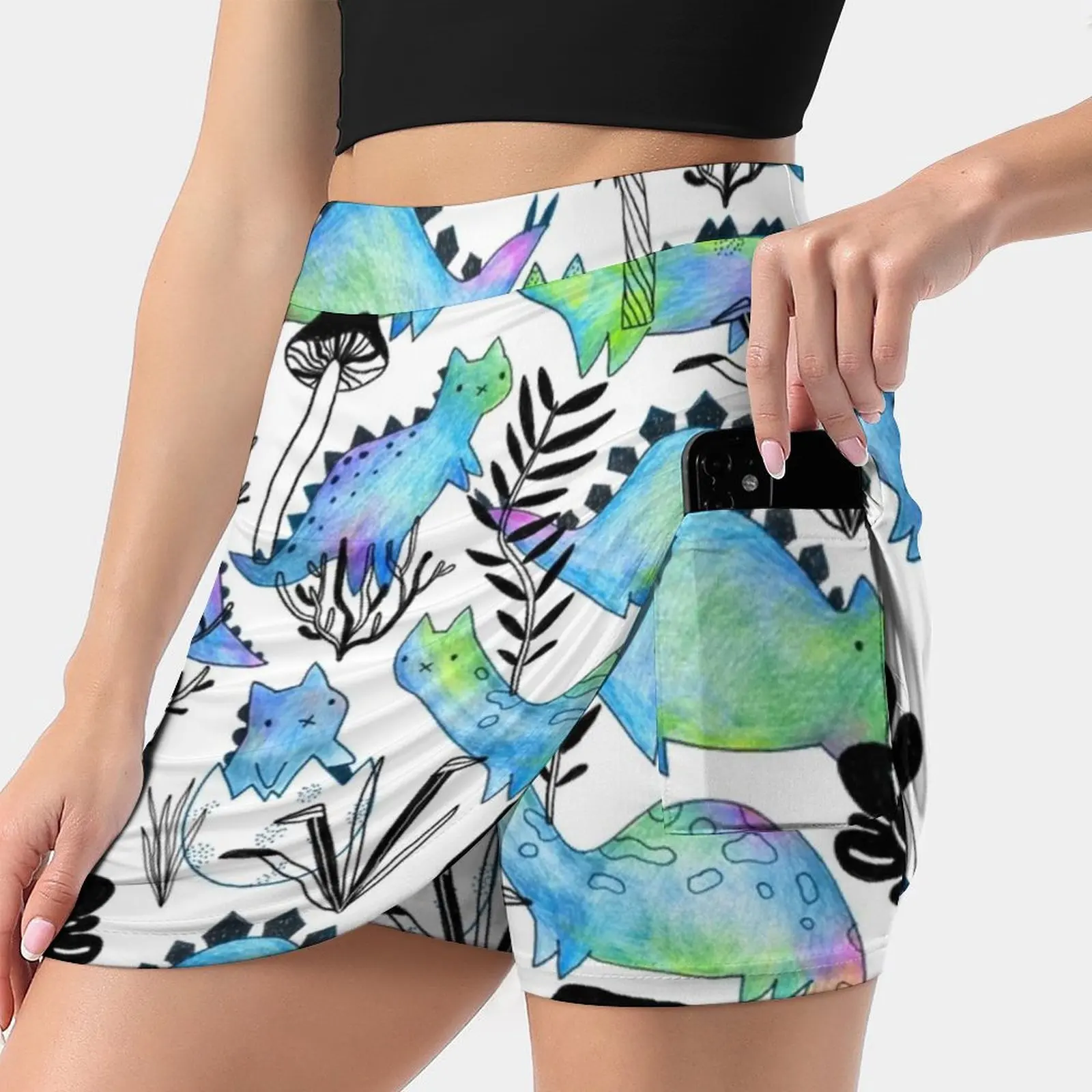 Pencil Catosaurs And Plants. Funny Dino Cats And Mushrooms. Women's skirt Sport Skort Skirt With Pocket Fashion Korean Style