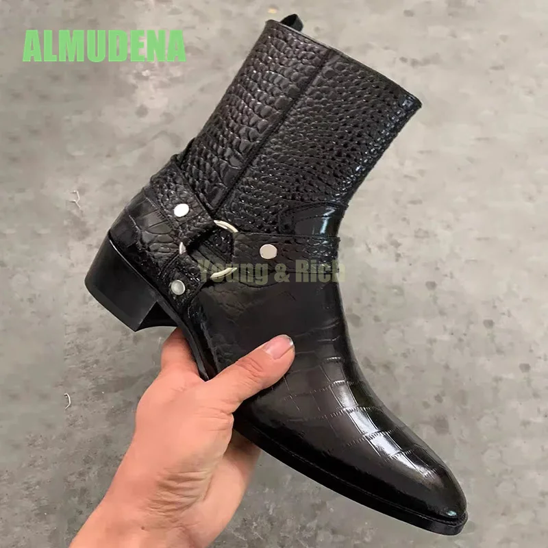 Spring and Summer Fashion Personality Trend Youth Black Crocodile Pattern Pointed Side Zipper Thick Heel Chelsea Boots