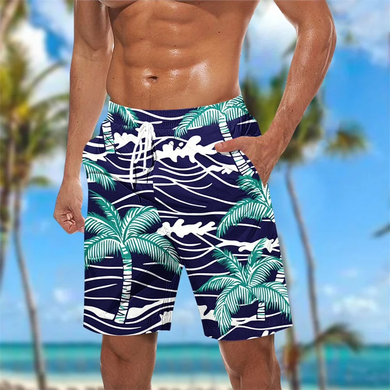 

3D Print Tropical Palm Tree Mens Beach Shorts Quick Dry Swim Trunks With Wave Drawstring Waist For Summer Vacation Beach Shorts