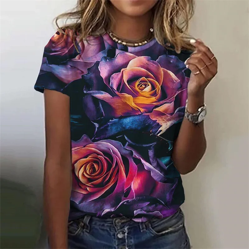 New Summer Vintage 3D Floral Roses Printing T Shirt Women Flowers Graphic T Shirts Girls Fashion Short Sleeves Tee Shirt Clothes