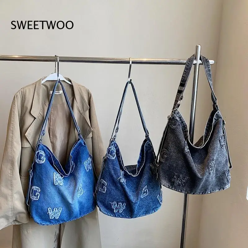 2026 Vintage Ripped Distressed Denim Shoulder Bag Loose Casual Streetwear Large Capacity Student Crossbody Purse