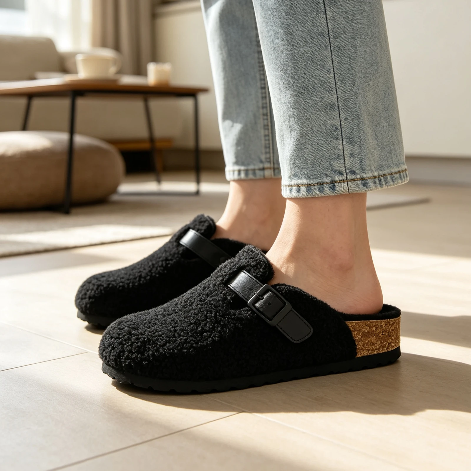 Shevalues Fuzzy Lined Clogs Damen-Slipper mit Korkfußbett, warme, flauschige Hausschuhe, rutschfeste, gemütliche Outdoor-Slides für Damen – Detail 2