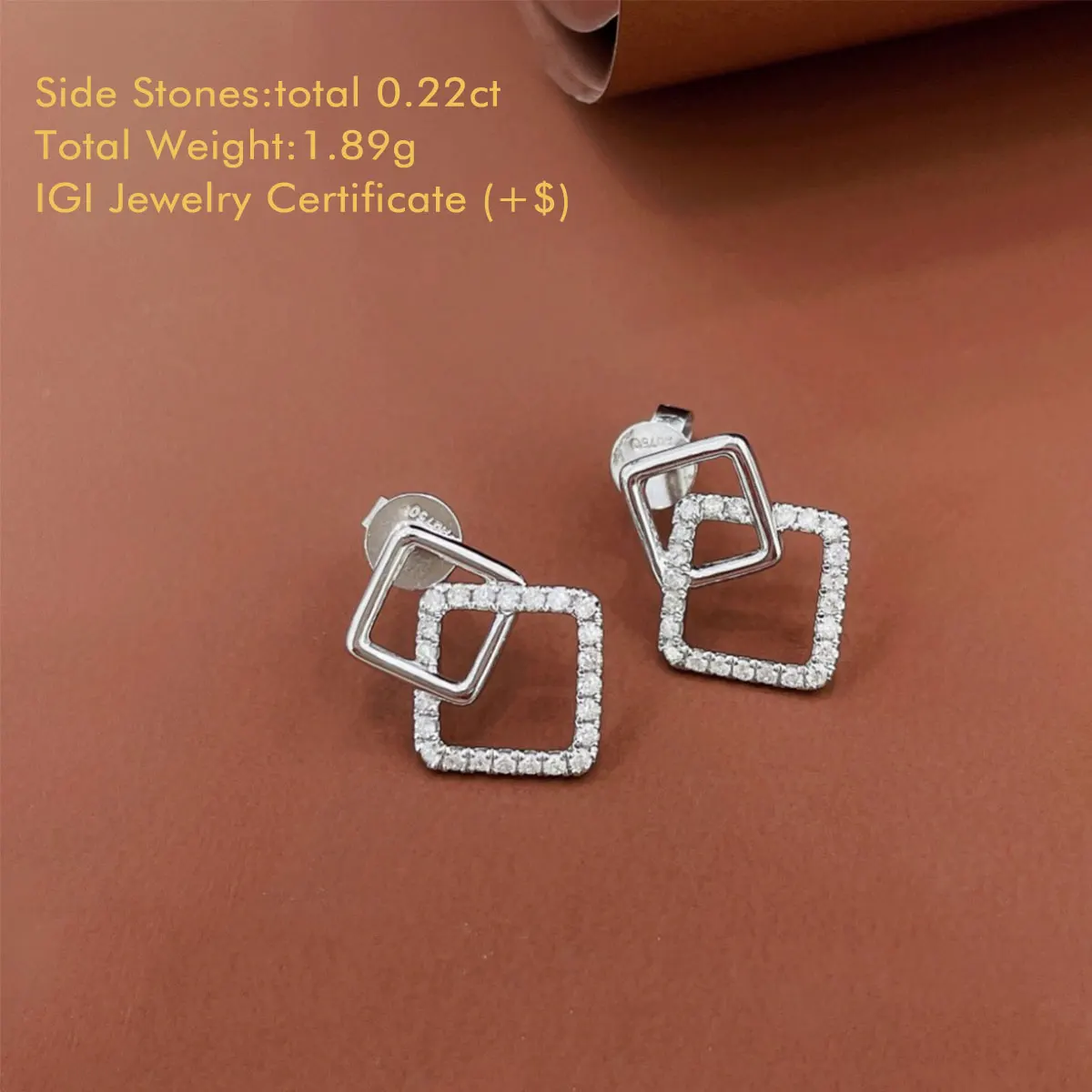 18K White Gold Diamond Stud Earrings Pave Set Natural White Diamonds Double Square Diamond Earrings Birthday Gift For Girlfriend