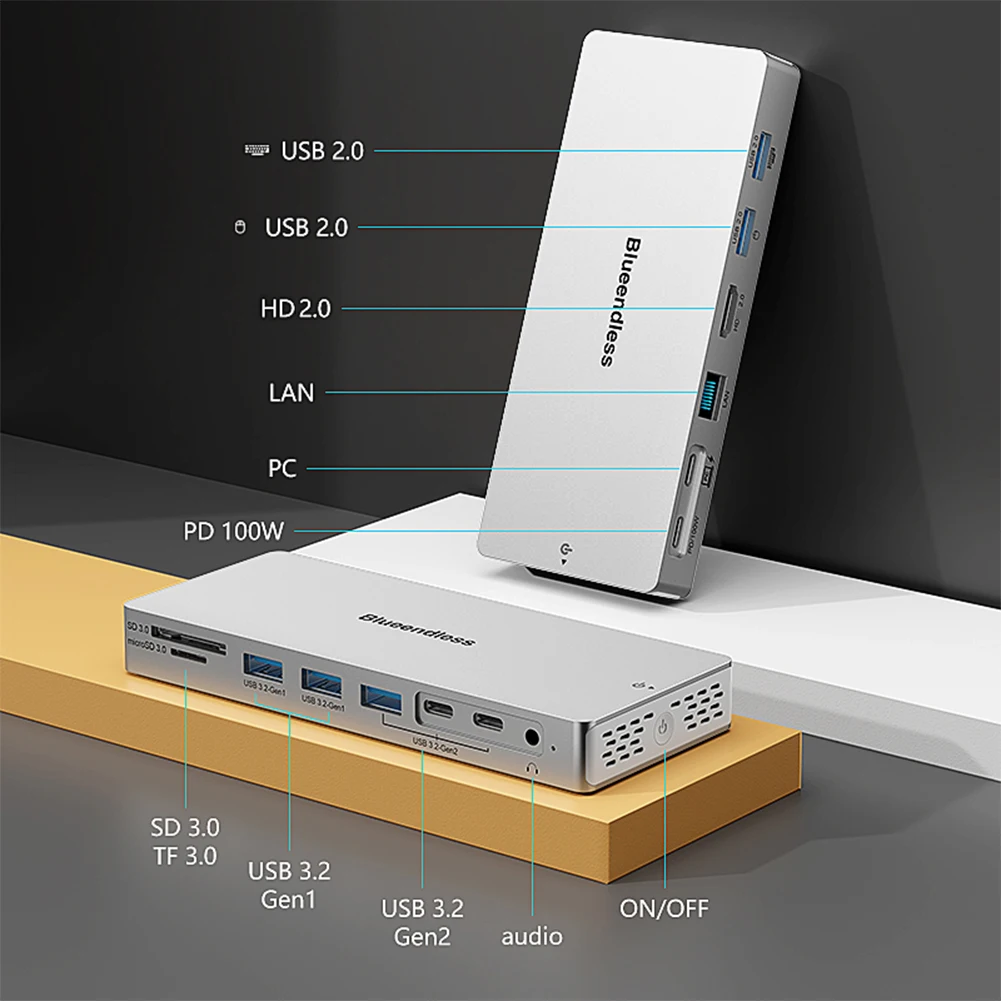 14-in-1 USB C Hub Multiport Adapter with RJ45 Ethernet 4K60Hz USB-C Dongle 1000Mbps LAN HDMI-Compatible TF/SD Card for Laptop