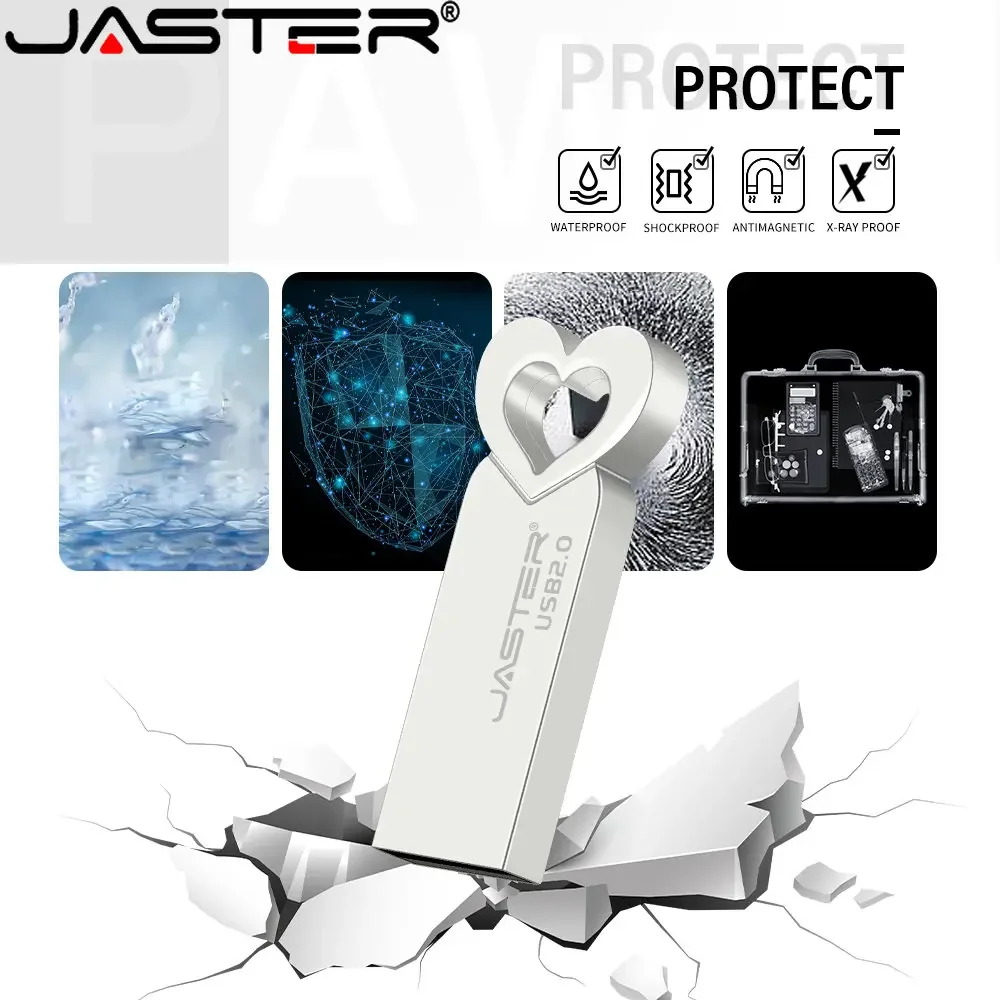 JASTER Free Custom Logo USB Flash Drives 128GB Heart Metal Memory Stick 64GB Free Key Chain Pen Drive 32GB Creative Wedding Gift