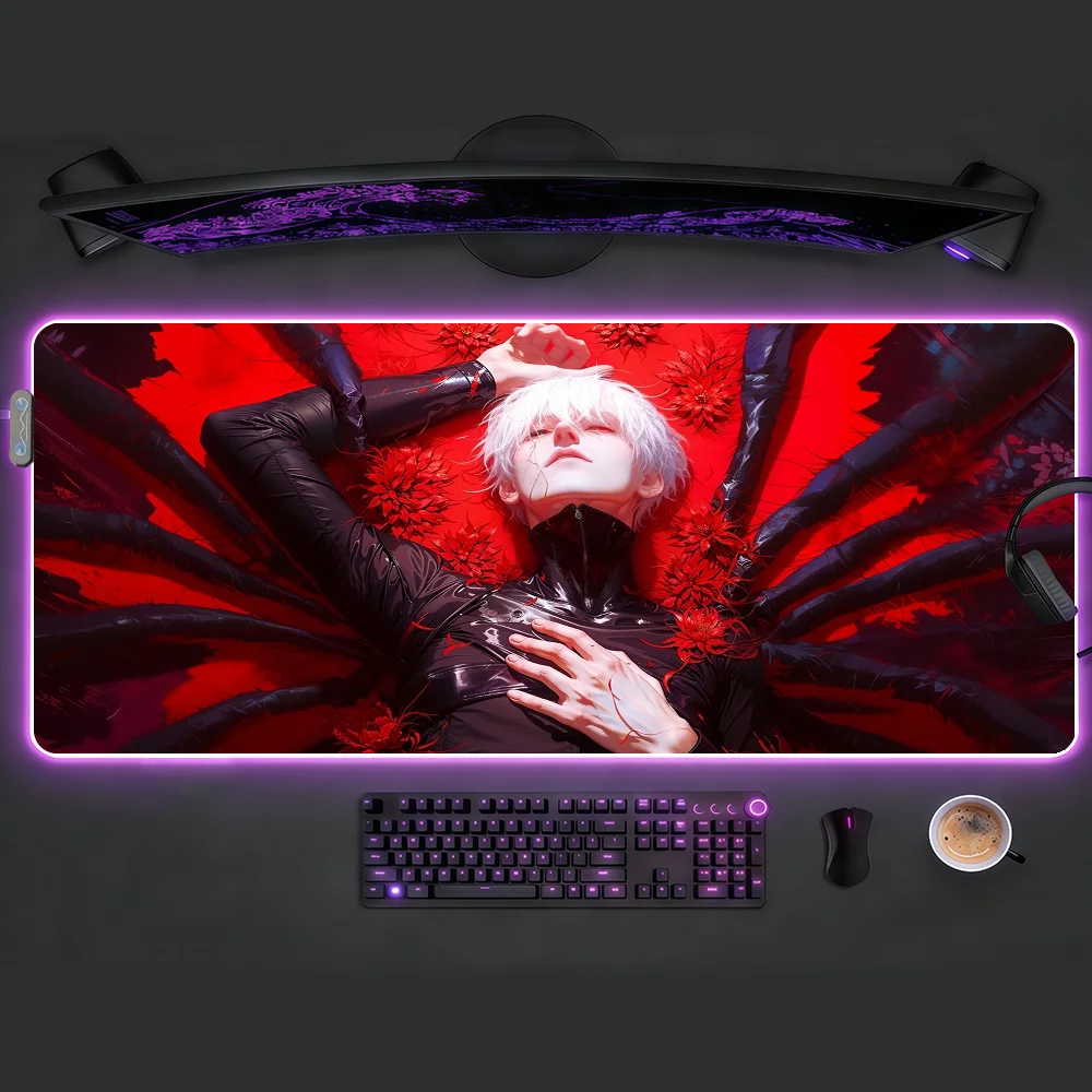 

Коврик для мыши Anime T-Tokyo G-GhoulS, светодиодные настольные коврики с подсветкой, нескользящие резиновые настольные коврики XXL с RGB-подсветкой, водонепроницаемая поверхность