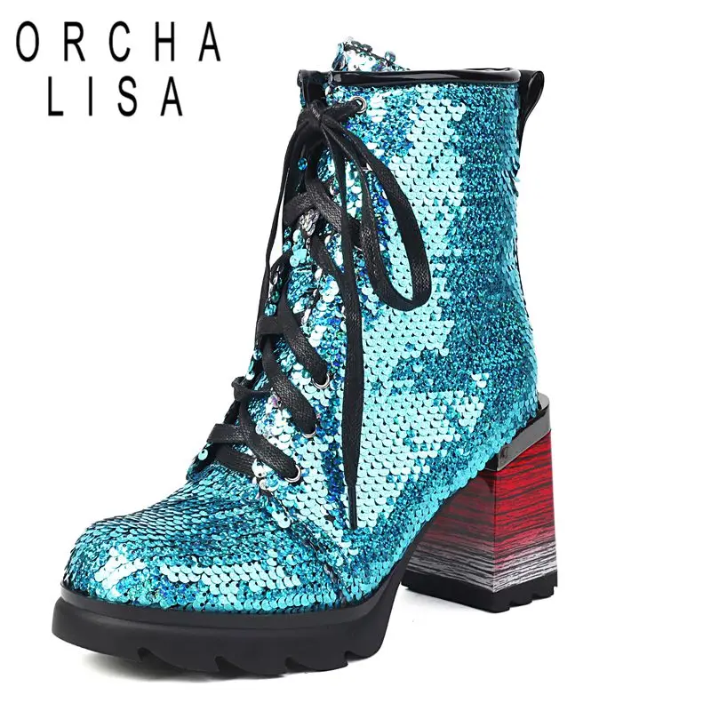 

ORCHA LISA 2025 Fashion Women Boots Round Toe Block Heels 8.5cm Platform 2cm Lace Up Bling Sexy Dating Ankle Booties 41 42 43 44